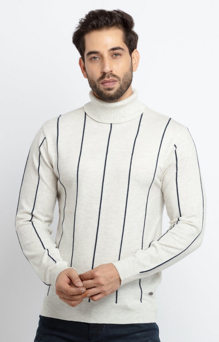 Status Quo | Men's Grey Acrylic Striped Sweaters 0