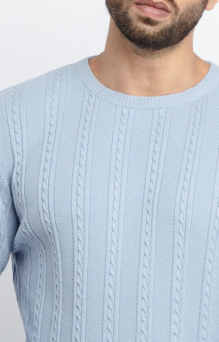 Men's Blue Cotton Solid Sweaters