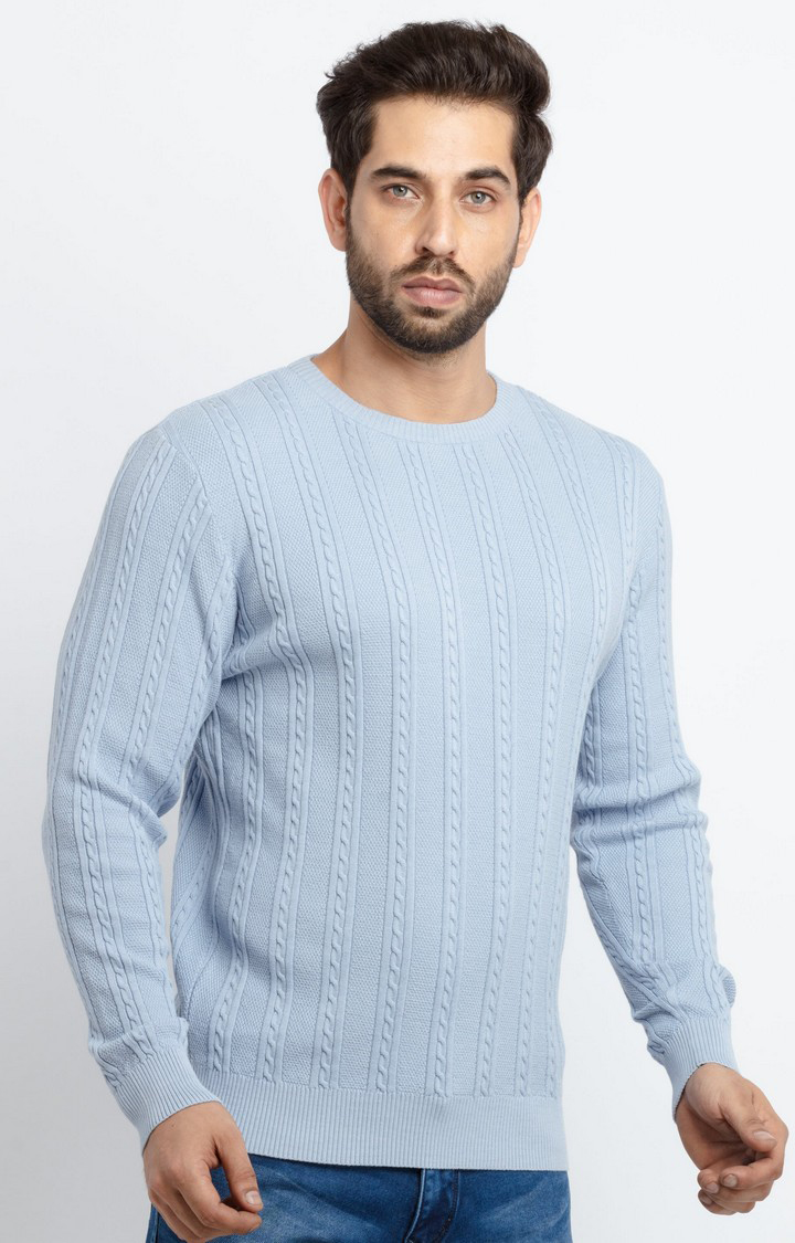 Men's Blue Cotton Solid Sweaters