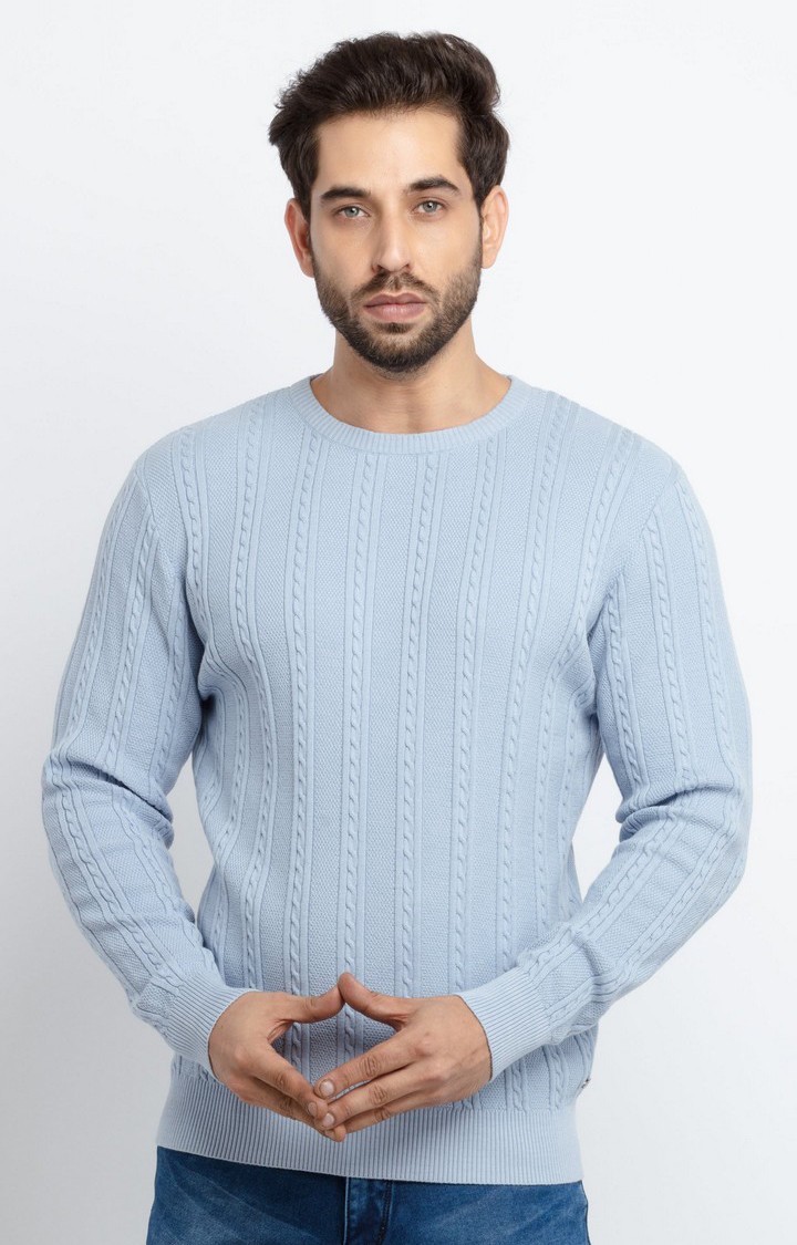 Men's Blue Cotton Solid Sweaters