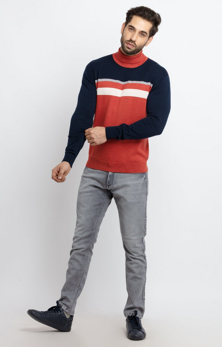 Men's Red Cotton Striped Sweaters