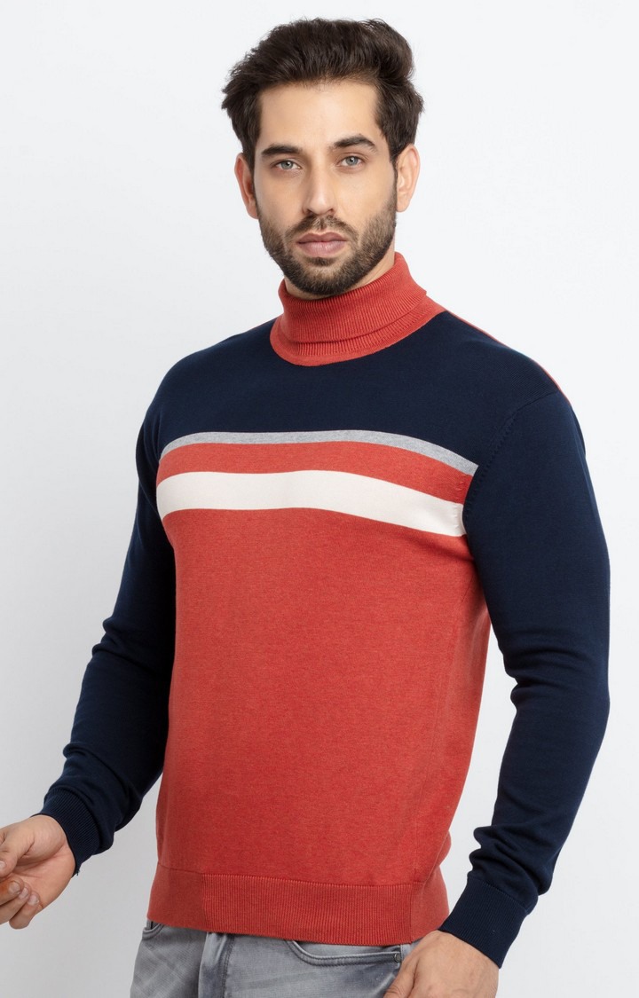 Men's Red Cotton Striped Sweaters