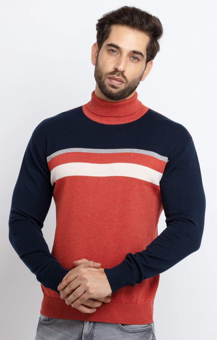 Men's Red Cotton Striped Sweaters