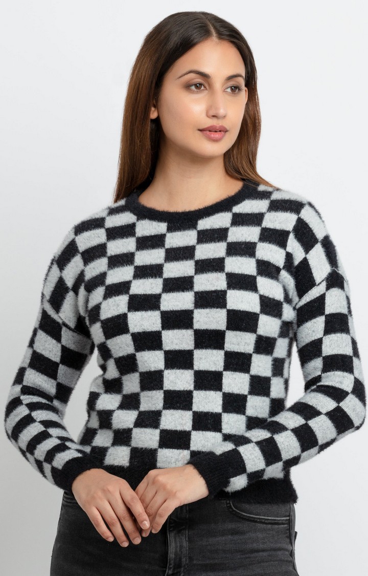 Status Quo | Women's Grey Acrylic Colourblock Sweaters 0