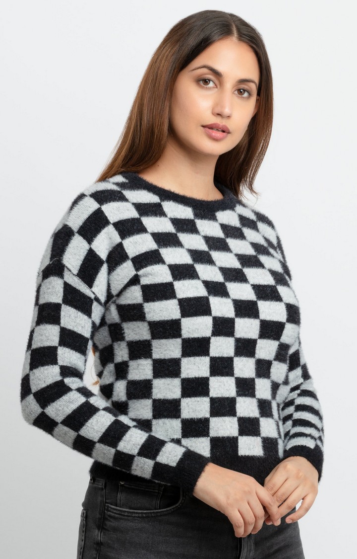 Status Quo | Women's Grey Acrylic Colourblock Sweaters 2