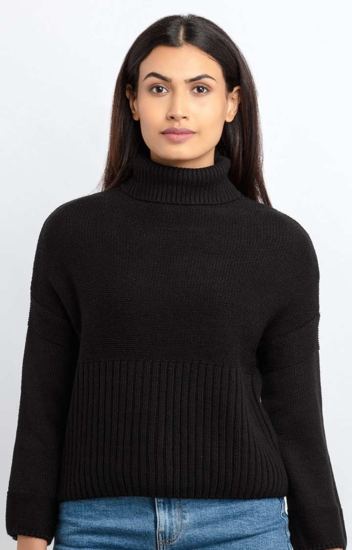 Status Quo | Women's Black Acrylic Solid Sweaters 0