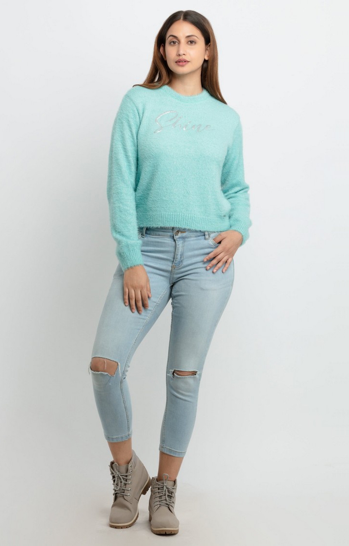 Status Quo | Women's Blue Acrylic Solid Sweaters 1