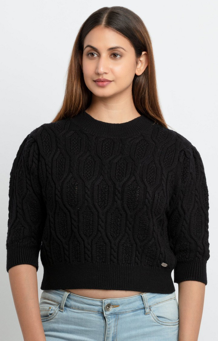 Women's Black Acrylic Textured Sweaters