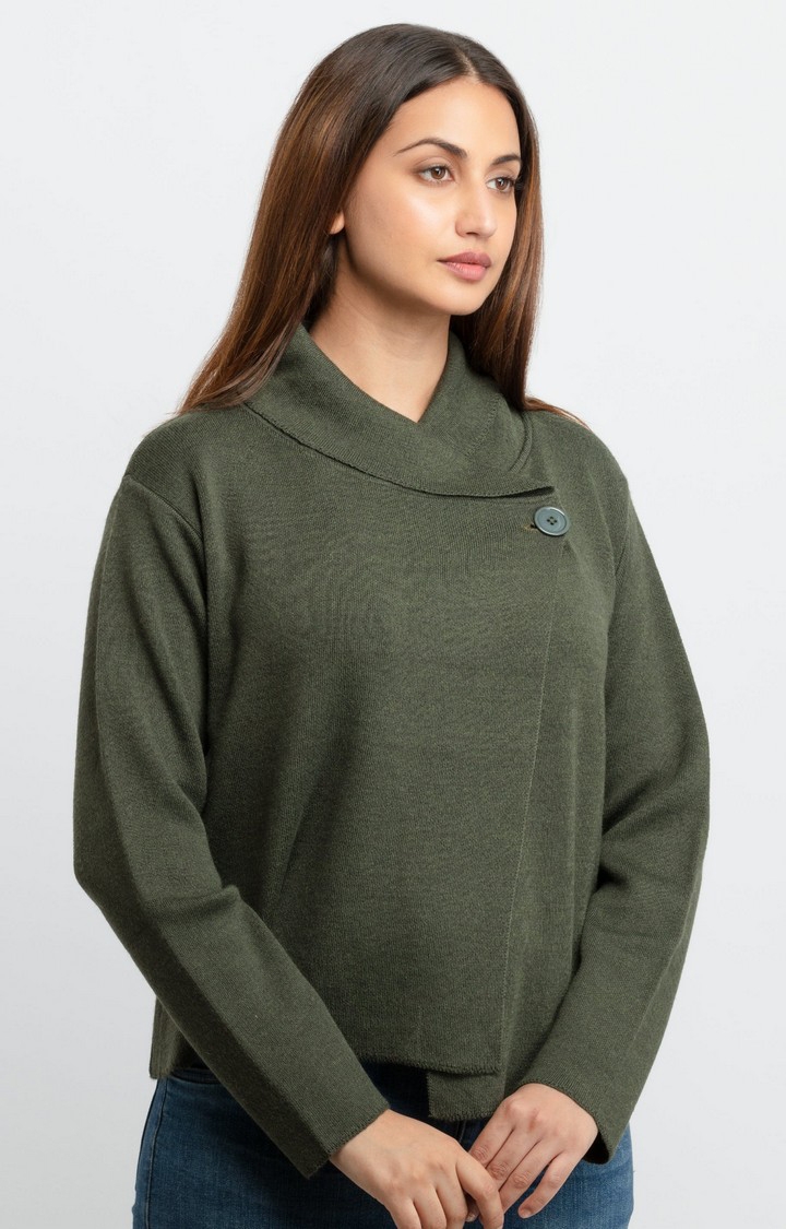 Status Quo | Women's Green Acrylic Solid Sweaters 2