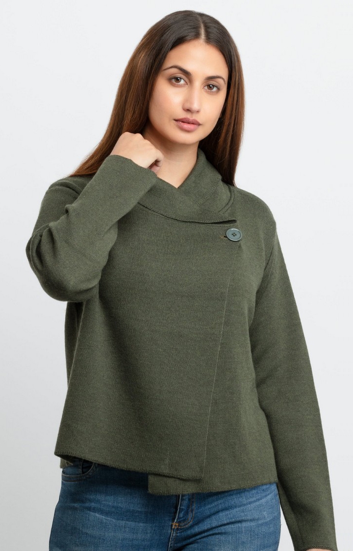 Status Quo | Women's Green Acrylic Solid Sweaters 0