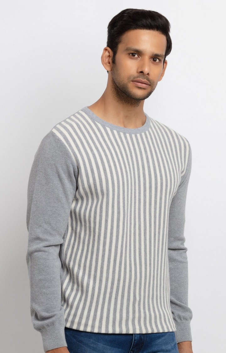 Status Quo | Men's Grey Cotton Striped Sweaters 2