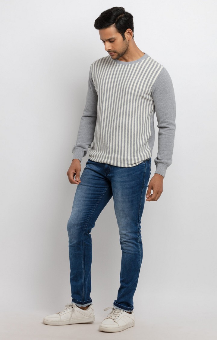 Status Quo | Men's Grey Cotton Striped Sweaters 1