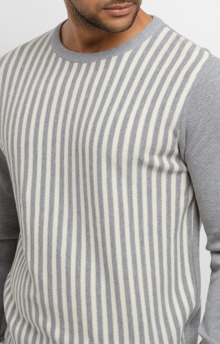 Status Quo | Men's Grey Cotton Striped Sweaters 4