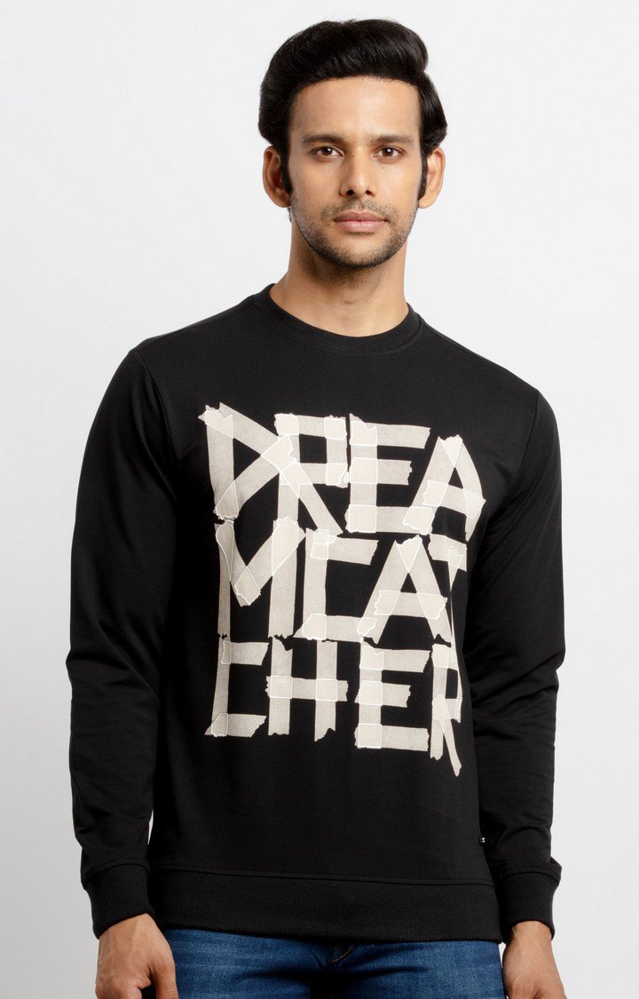 Men's Black Cotton Typographic Printed Sweatshirts