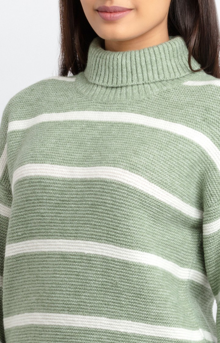 Women's Green Acrylic Striped Sweaters