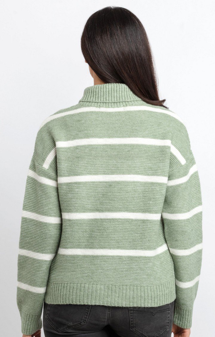 Women's Green Acrylic Striped Sweaters