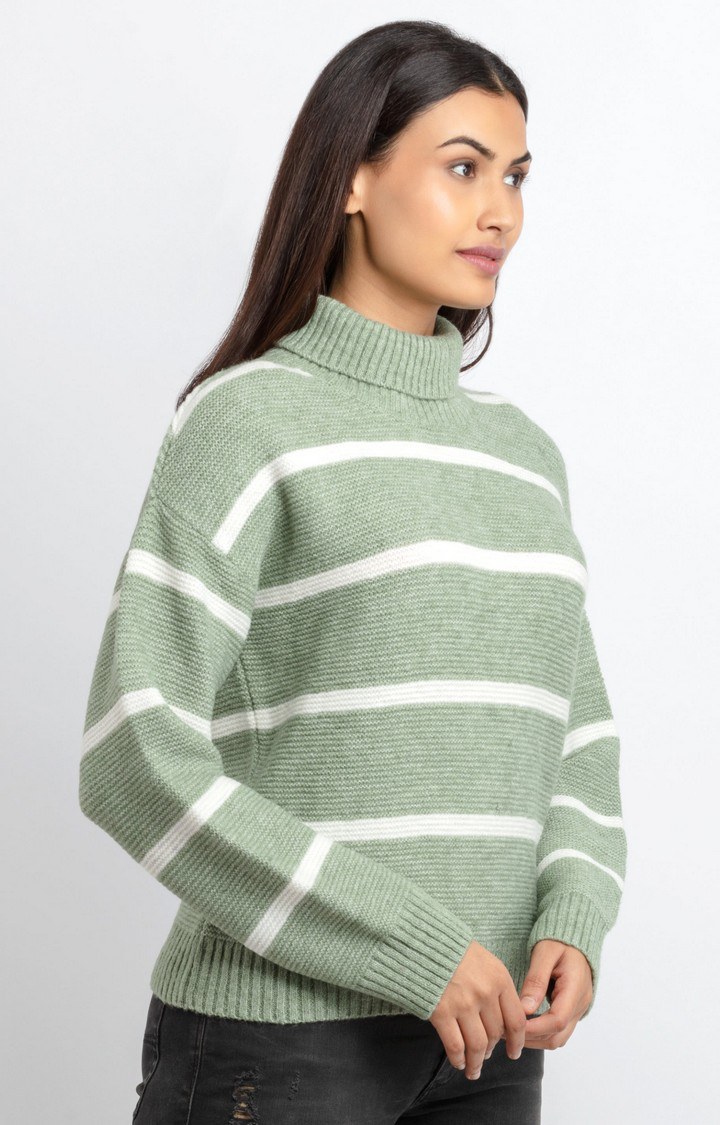 Women's Green Acrylic Striped Sweaters