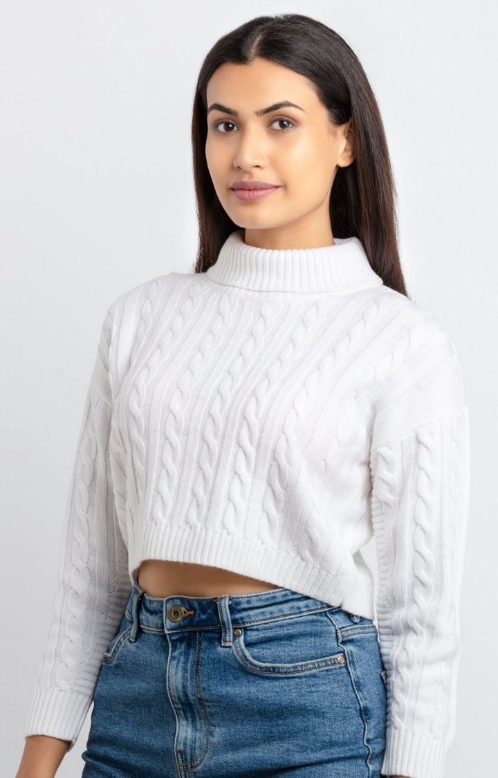 Status Quo | Women's White Acrylic Textured Sweaters 2