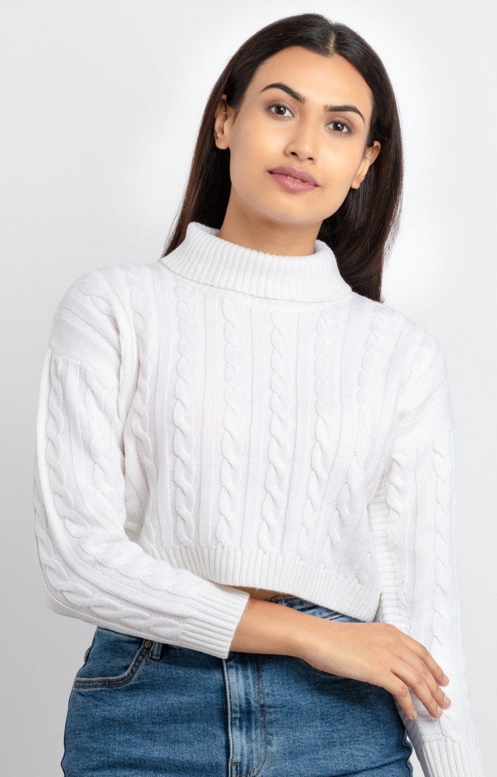 Status Quo | Women's White Acrylic Textured Sweaters 0