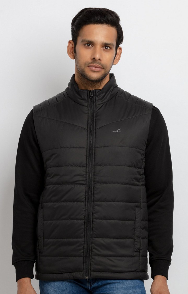 Men's Black Polyester Quilted Gilet