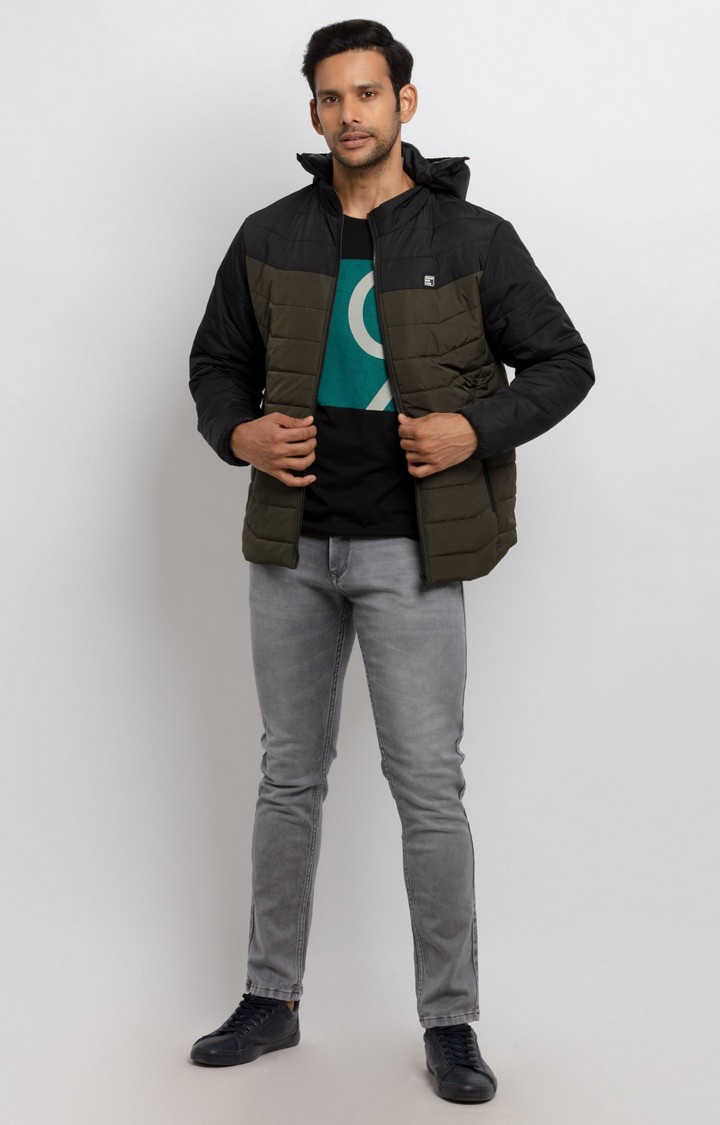 Status Quo | Men's Green Polyester Quilted Bomber Jackets 1