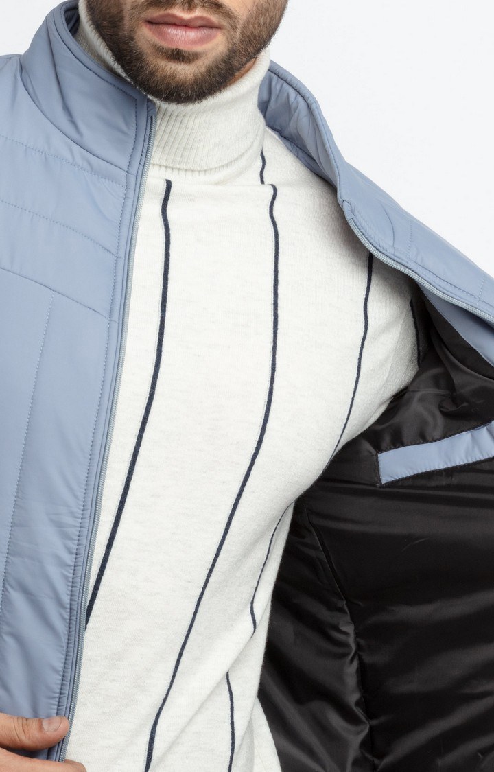 Men's Blue Polyester Quilted Bomber Jackets