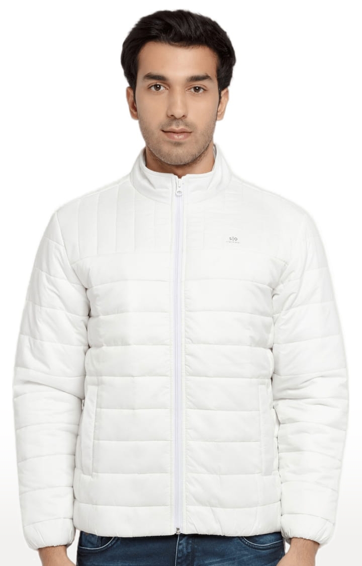 Status Quo | Men's White Polyester Quilted Bomber Jackets 0