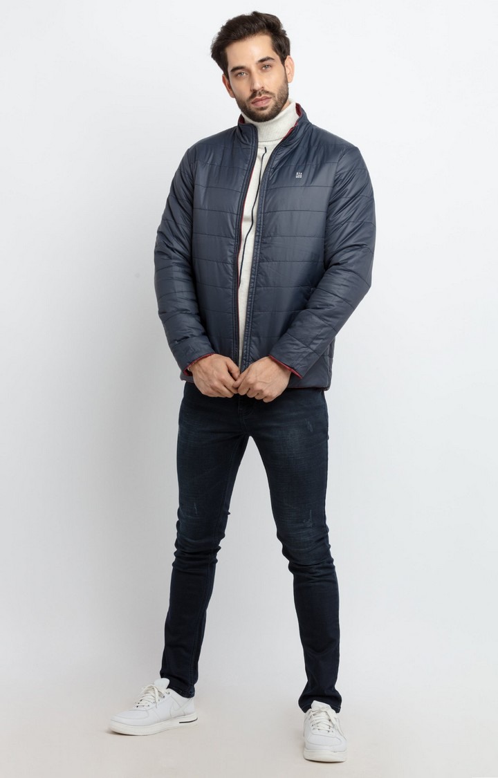 Men's Blue Polyester Quilted Bomber Jackets