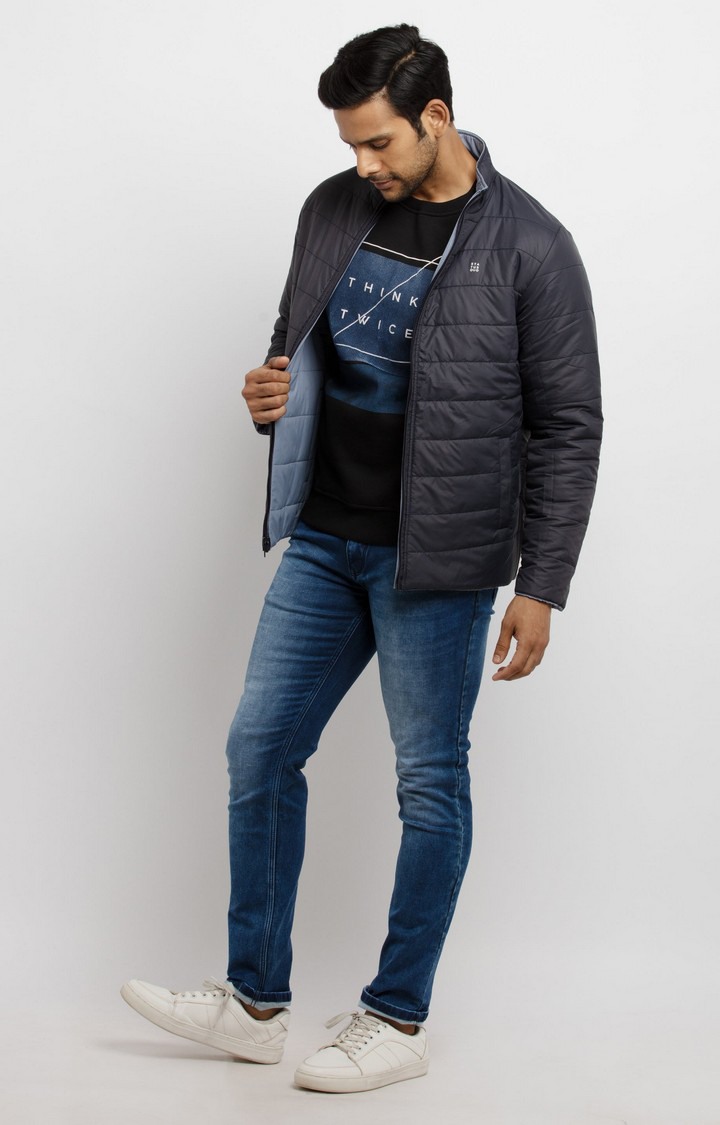 Men's Blue Polyester Quilted Bomber Jackets