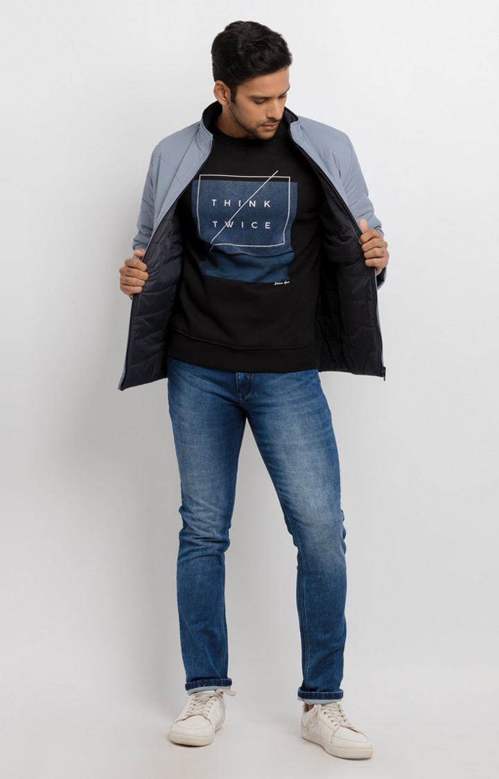 Men's Blue Polyester Quilted Bomber Jackets
