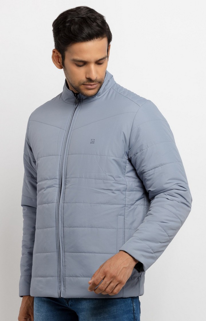 Men's Blue Polyester Quilted Bomber Jackets