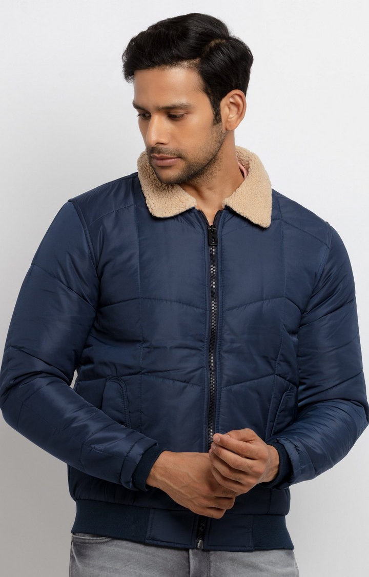 Status Quo | Men's Blue Polyester Quilted Bomber Jackets 0