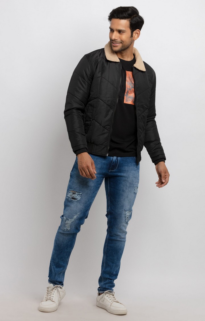 Status Quo | Men's Black Polyester Quilted Bomber Jackets 1