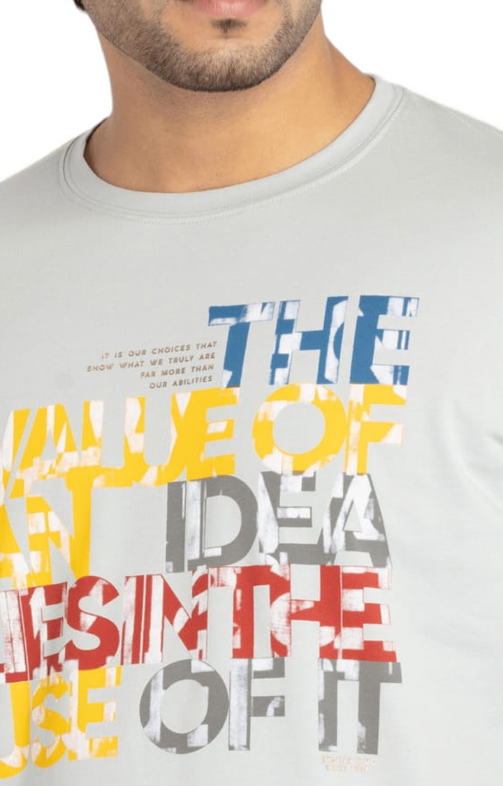Men's Grey Cotton Typographic Printed Regular T-Shirt