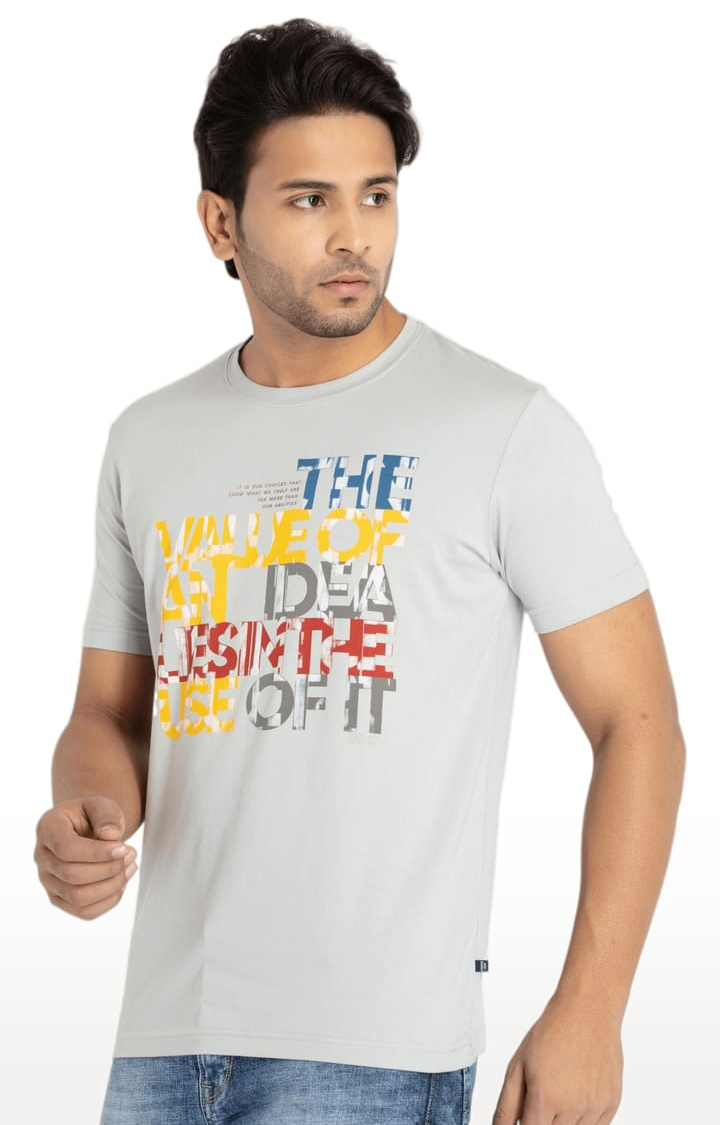 Men's Grey Cotton Typographic Printed Regular T-Shirt