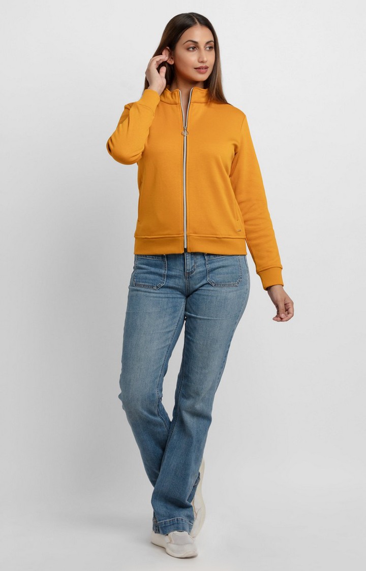 Women's Yellow Polyester Solid Sweatshirts