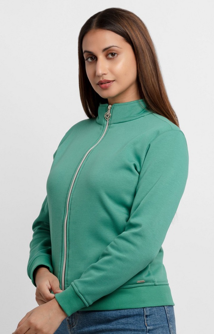 Women's Green Polyester Solid Sweatshirts