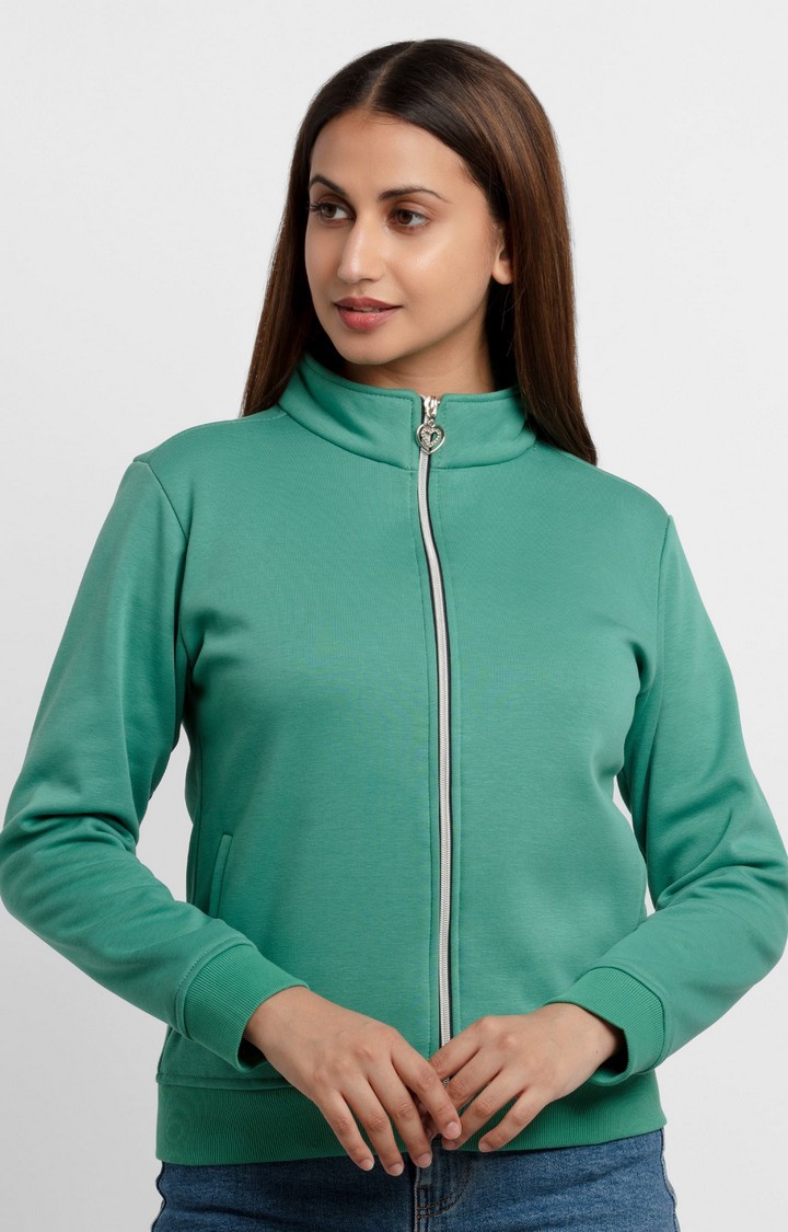 Women's Green Polyester Solid Sweatshirts