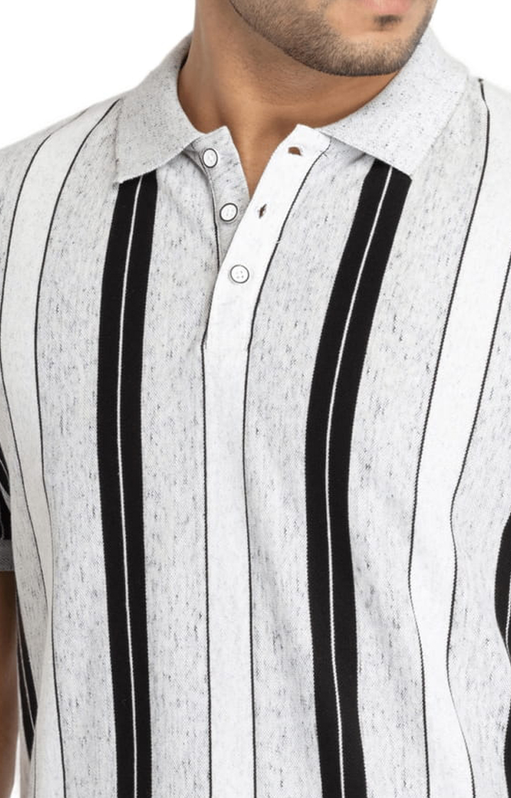 Men's Grey Cotton Striped Polo T-Shirts