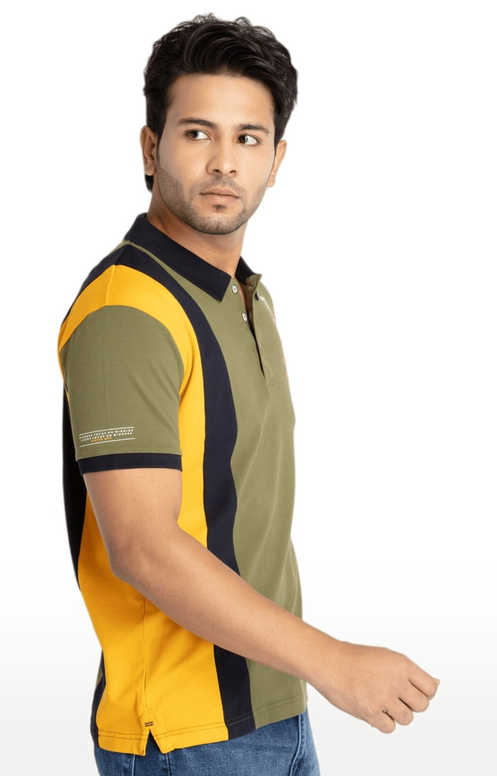 Men's Olive Green Cotton Typographic Printed Polo T-Shirts
