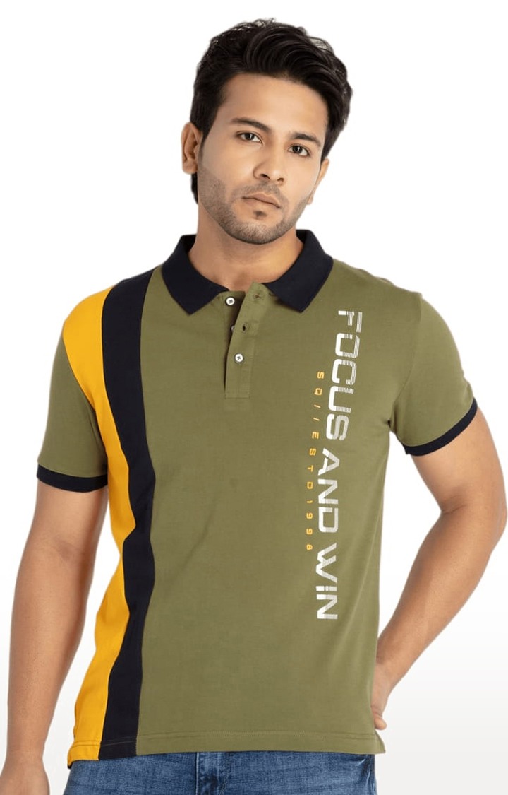 Men's Olive Green Cotton Typographic Printed Polo T-Shirts