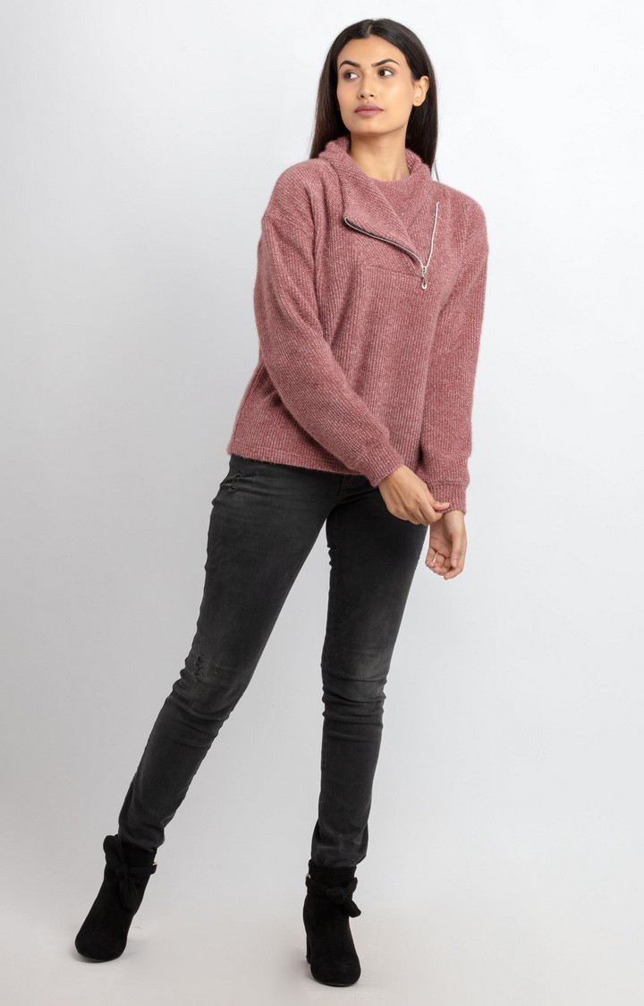 Women's Pink Polyester Solid Sweatshirts