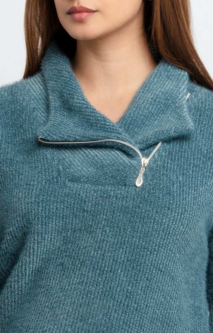 Women's Blue Polyester Solid Sweatshirts