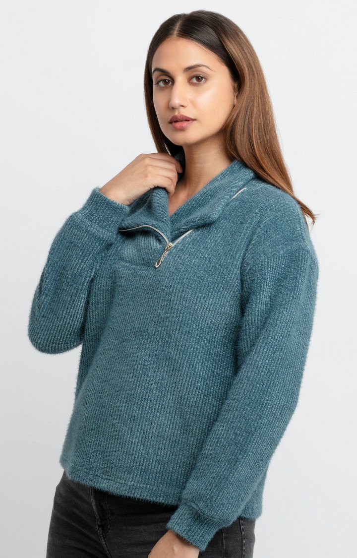 Women's Blue Polyester Solid Sweatshirts
