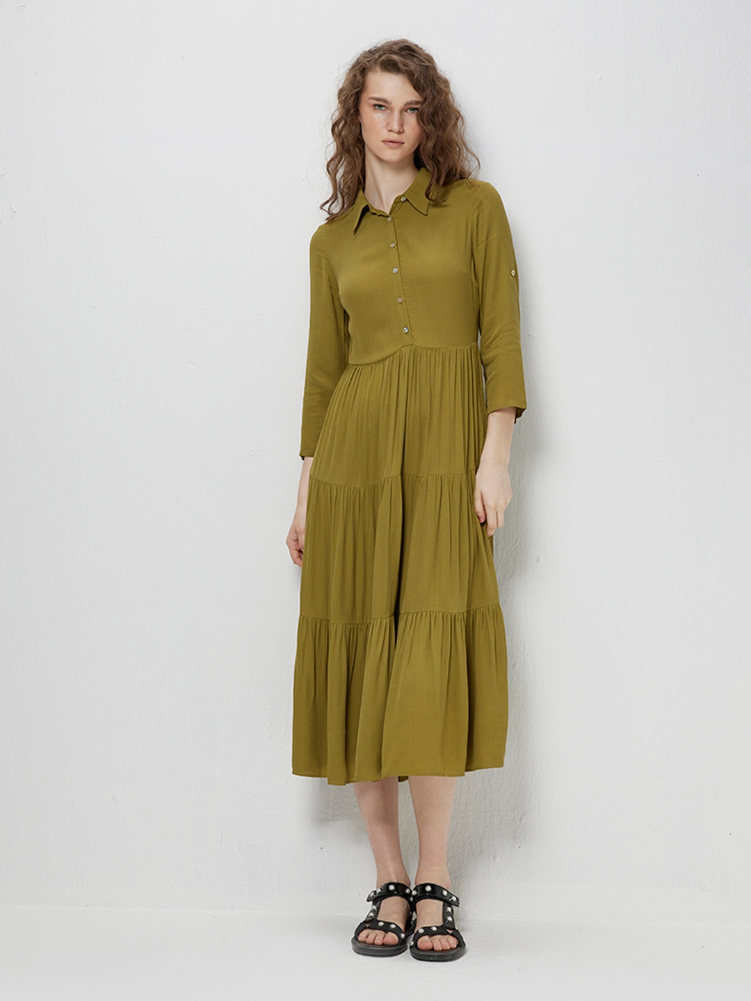 Olive Tiered Midi Shirt Dress