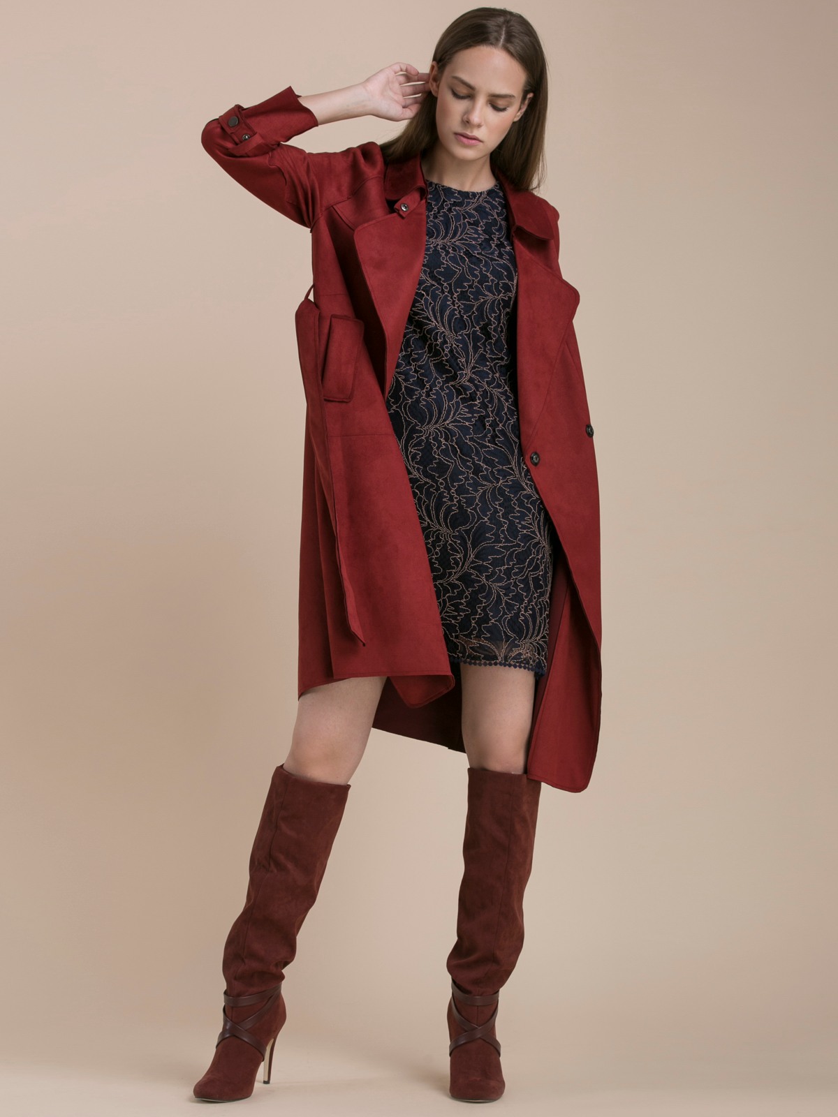 Red suede cheap trench coat