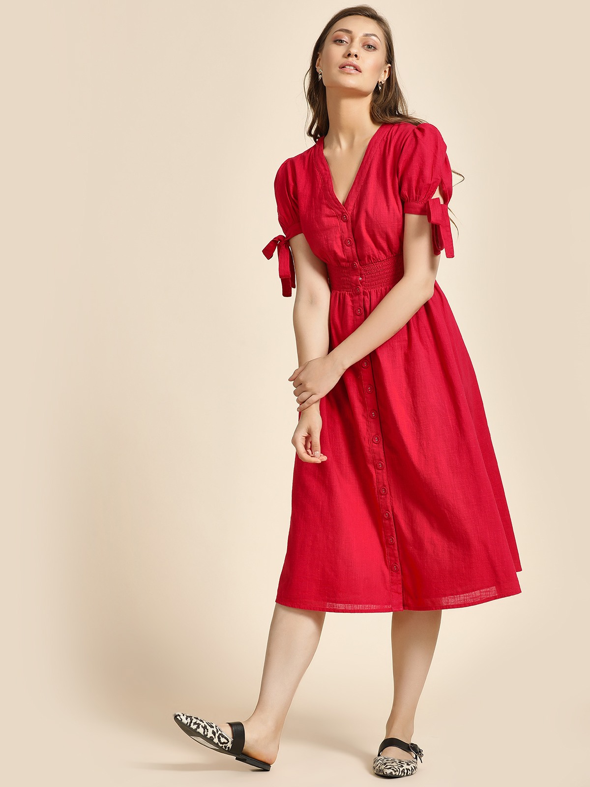 All For Drama Red Linen V Neck Dress