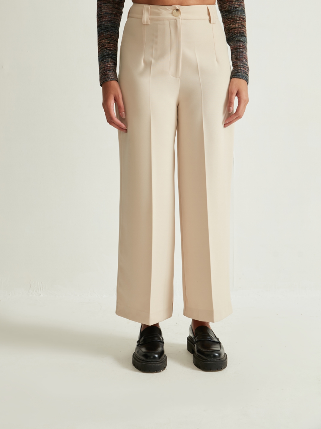 Cream Wide Leg Trousers With Golden Buttons | MOE | SilkFred US