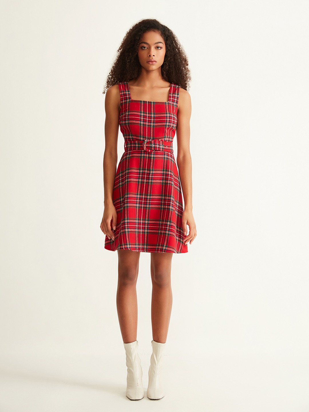 Red plaid check skater dress