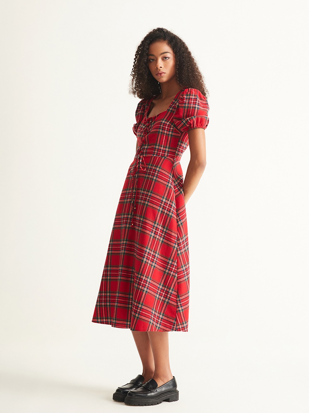 Red plaid midi dress store
